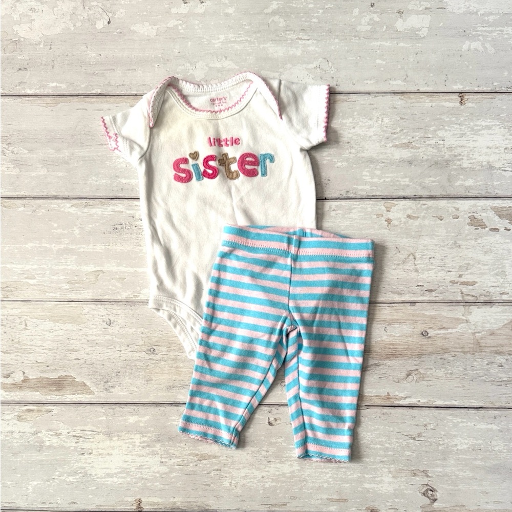 Carters NB Little Sister Outfit Set Pink Blue Striped Pants Leggings Newborn